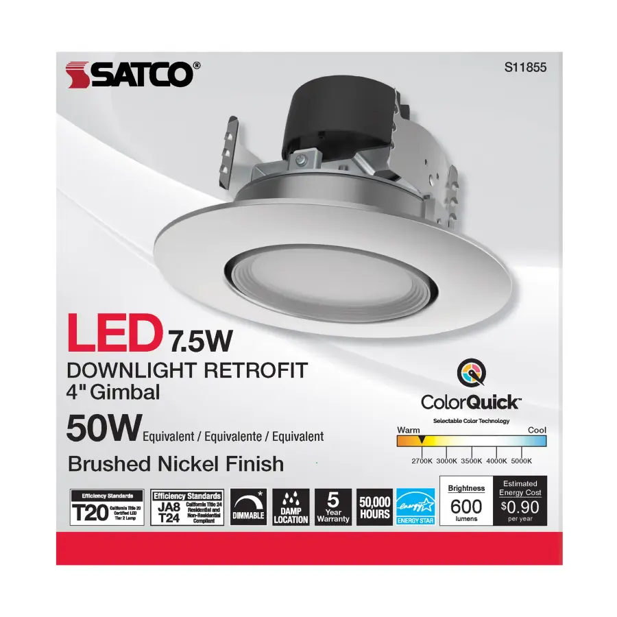 7.5 Watt - LED Retrofit Downlight - Gimbaled - 120 Volt - CCT Selectable - Brushed Nickel Finish - Image 4