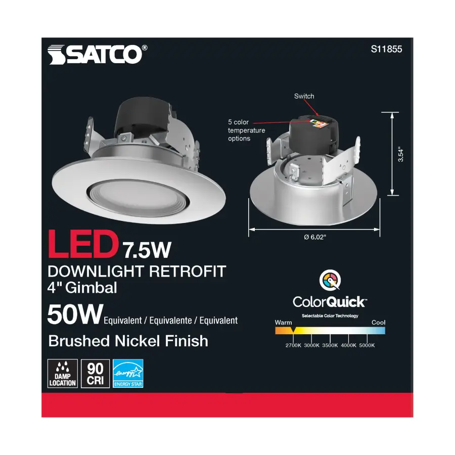 7.5 Watt - LED Retrofit Downlight - Gimbaled - 120 Volt - CCT Selectable - Brushed Nickel Finish - Image 5