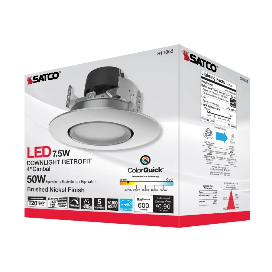 7.5 Watt - LED Retrofit Downlight - Gimbaled - 120 Volt - CCT Selectable - Brushed Nickel Finish - Image 8
