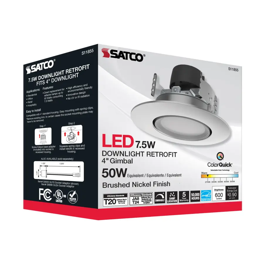 7.5 Watt - LED Retrofit Downlight - Gimbaled - 120 Volt - CCT Selectable - Brushed Nickel Finish - Image 9