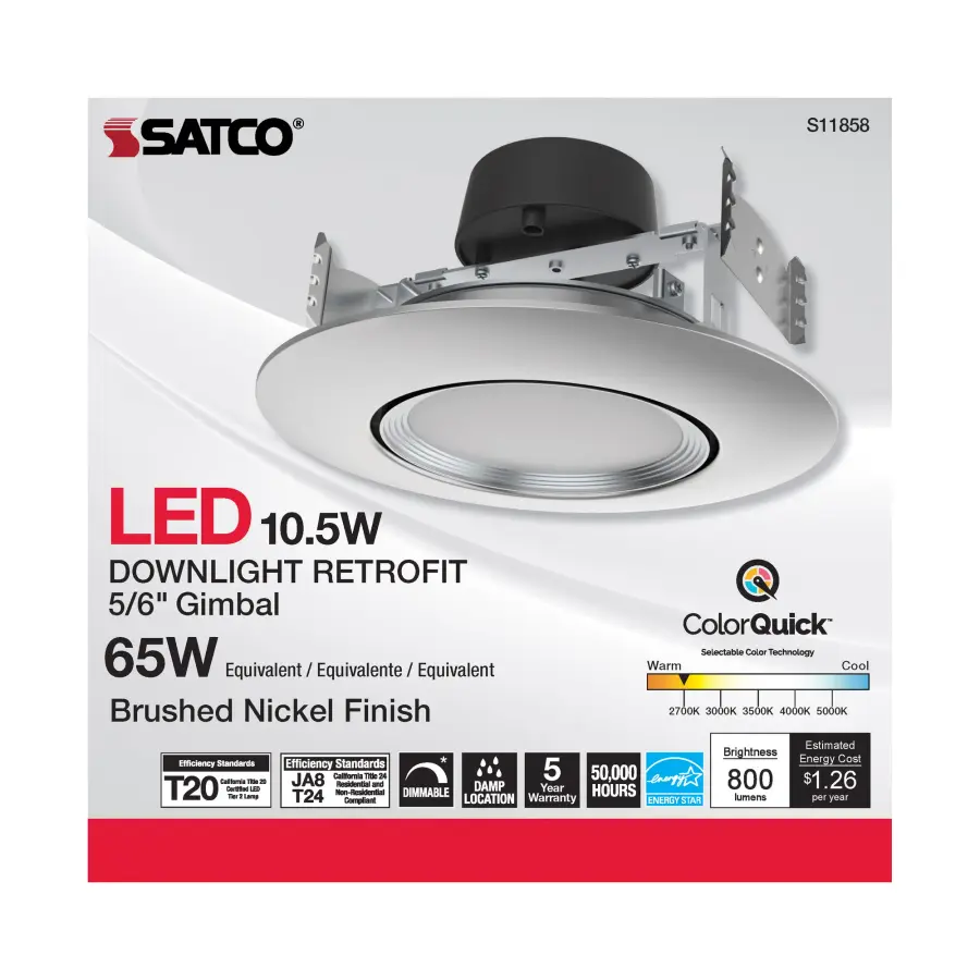 10.5 Watt - LED Retrofit Downlight - Gimbaled - 120 Volt - CCT Selectable - Brushed Nickel Finish - Image 4