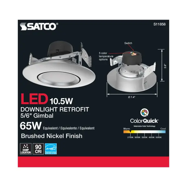 10.5 Watt - LED Retrofit Downlight - Gimbaled - 120 Volt - CCT Selectable - Brushed Nickel Finish - Image 5