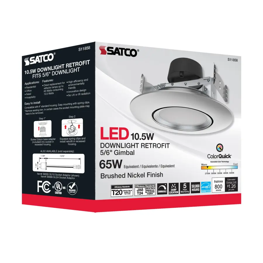 10.5 Watt - LED Retrofit Downlight - Gimbaled - 120 Volt - CCT Selectable - Brushed Nickel Finish - Image 9