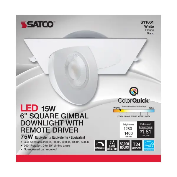 15 Watt - CCT Selectable - LED Direct Wire Downlight - Gimbaled - 6 Inch Square - Remote Driver - White - Image 11