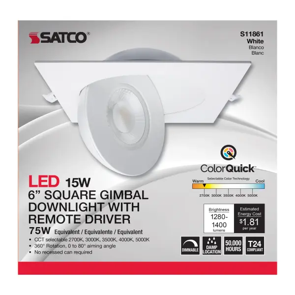 15 Watt - CCT Selectable - LED Direct Wire Downlight - Gimbaled - 6 Inch Square - Remote Driver - White - Image 12
