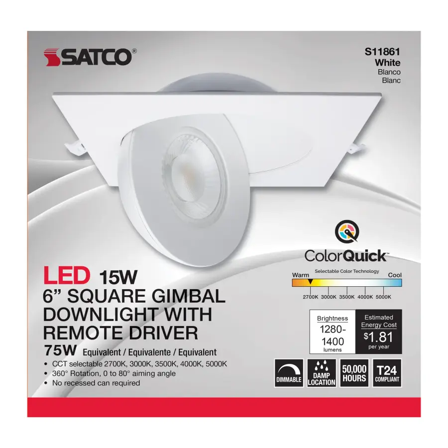 15 Watt - CCT Selectable - LED Direct Wire Downlight - Gimbaled - 6 Inch Square - Remote Driver - White - Image 12