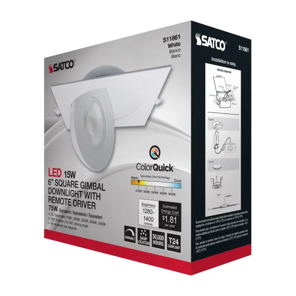 15 Watt - CCT Selectable - LED Direct Wire Downlight - Gimbaled - 6 Inch Square - Remote Driver - White - Image 15