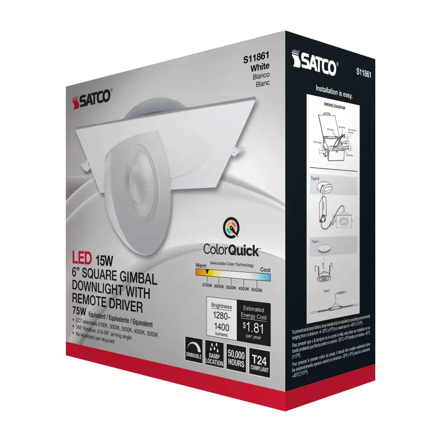 15 Watt - CCT Selectable - LED Direct Wire Downlight - Gimbaled - 6 Inch Square - Remote Driver - White - Image 15