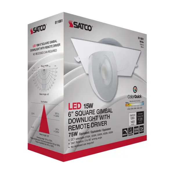 15 Watt - CCT Selectable - LED Direct Wire Downlight - Gimbaled - 6 Inch Square - Remote Driver - White - Image 16
