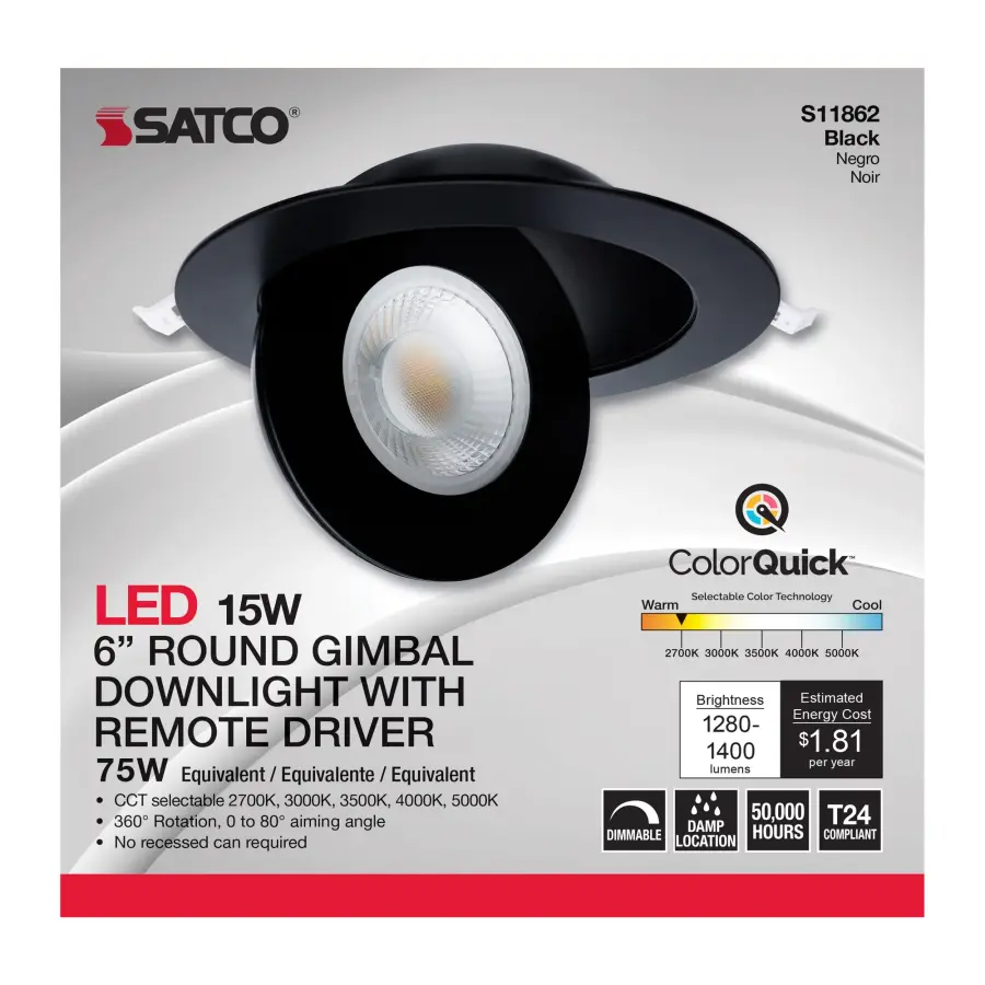 15 Watt - CCT Selectable - LED Direct Wire Downlight - Gimbaled - 6 Inch Round - Remote Driver - Black - Image 11