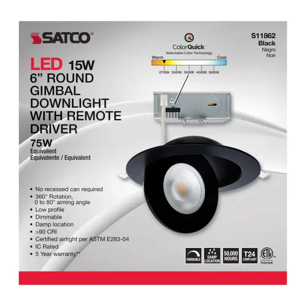 15 Watt - CCT Selectable - LED Direct Wire Downlight - Gimbaled - 6 Inch Round - Remote Driver - Black - Image 12