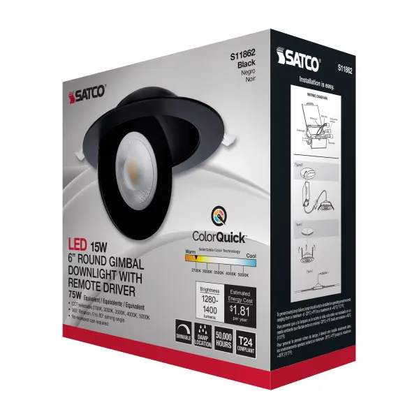 15 Watt - CCT Selectable - LED Direct Wire Downlight - Gimbaled - 6 Inch Round - Remote Driver - Black - Image 15