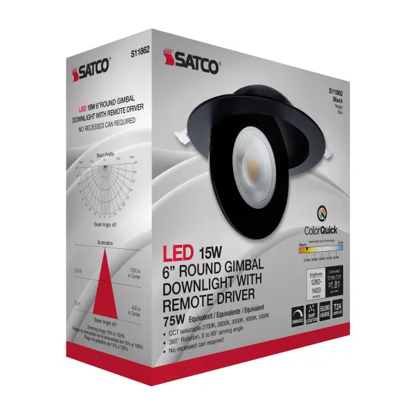 15 Watt - CCT Selectable - LED Direct Wire Downlight - Gimbaled - 6 Inch Round - Remote Driver - Black - Image 16