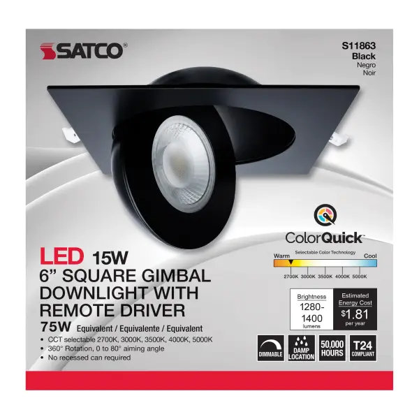 15 Watt - CCT Selectable - LED Direct Wire Downlight - Gimbaled - 6 Inch Square - Remote Driver - Black - Image 11