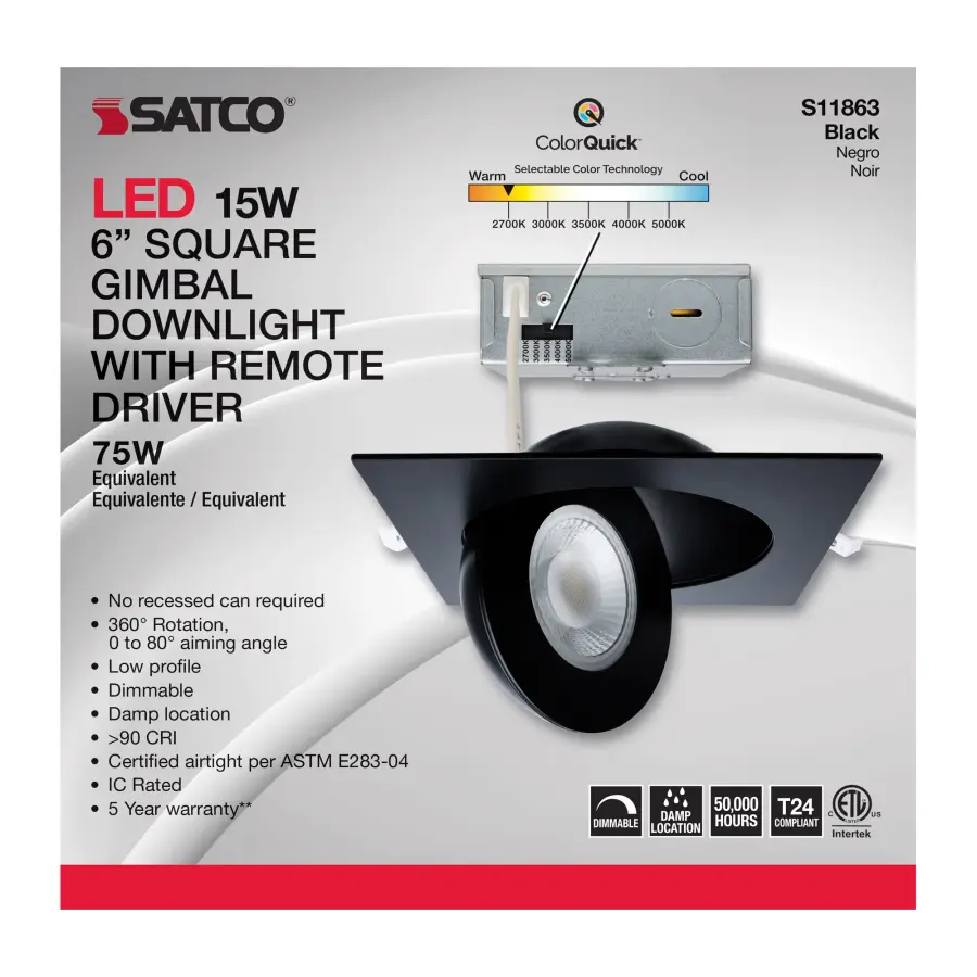 15 Watt - CCT Selectable - LED Direct Wire Downlight - Gimbaled - 6 Inch Square - Remote Driver - Black - Image 12