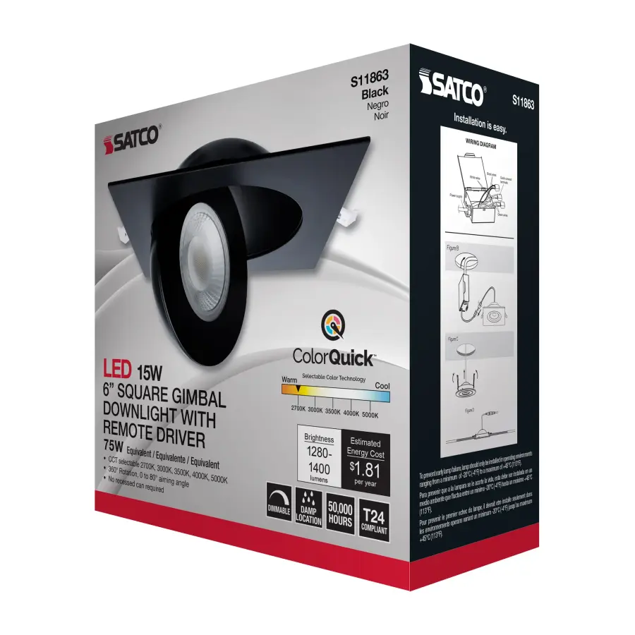 15 Watt - CCT Selectable - LED Direct Wire Downlight - Gimbaled - 6 Inch Square - Remote Driver - Black - Image 15