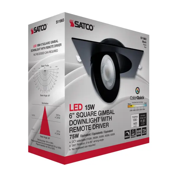 15 Watt - CCT Selectable - LED Direct Wire Downlight - Gimbaled - 6 Inch Square - Remote Driver - Black - Image 16
