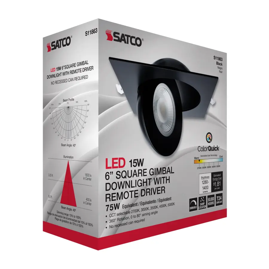 15 Watt - CCT Selectable - LED Direct Wire Downlight - Gimbaled - 6 Inch Square - Remote Driver - Black - Image 16