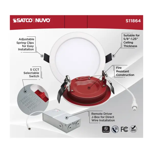 10 Watt LED - Fire Rated 4 Inch Direct Wire Downlight - Round Shape - White Finish - CCT Selectable - 120 Volts - Dimmable - Image 9