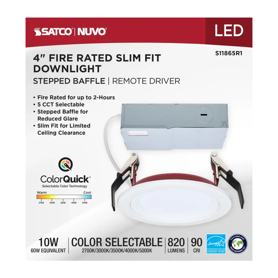 10 Watt LED - Fire Rated 4 Inch Direct Wire Slim Fit Step Baffle Downlight - Round Shape - White Finish - CCT Selectable - 120 Volts - Dimmable - Image 11
