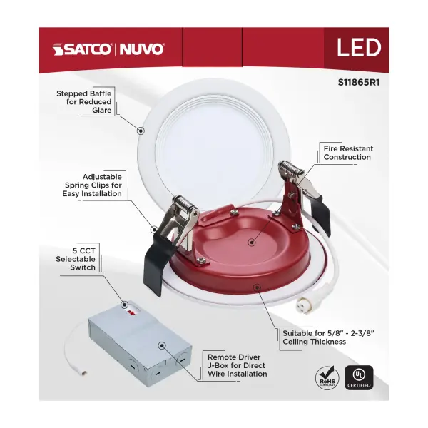 10 Watt LED - Fire Rated 4 Inch Direct Wire Slim Fit Step Baffle Downlight - Round Shape - White Finish - CCT Selectable - 120 Volts - Dimmable - Image 12