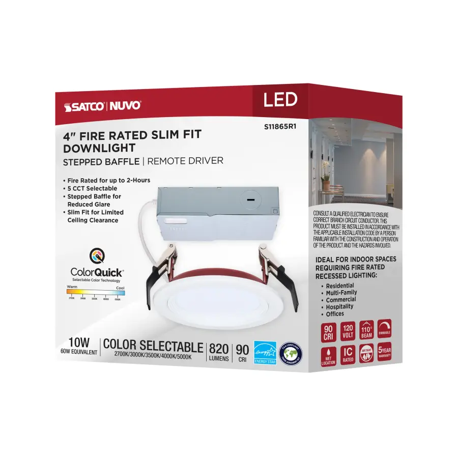 10 Watt LED - Fire Rated 4 Inch Direct Wire Slim Fit Step Baffle Downlight - Round Shape - White Finish - CCT Selectable - 120 Volts - Dimmable - Image 17