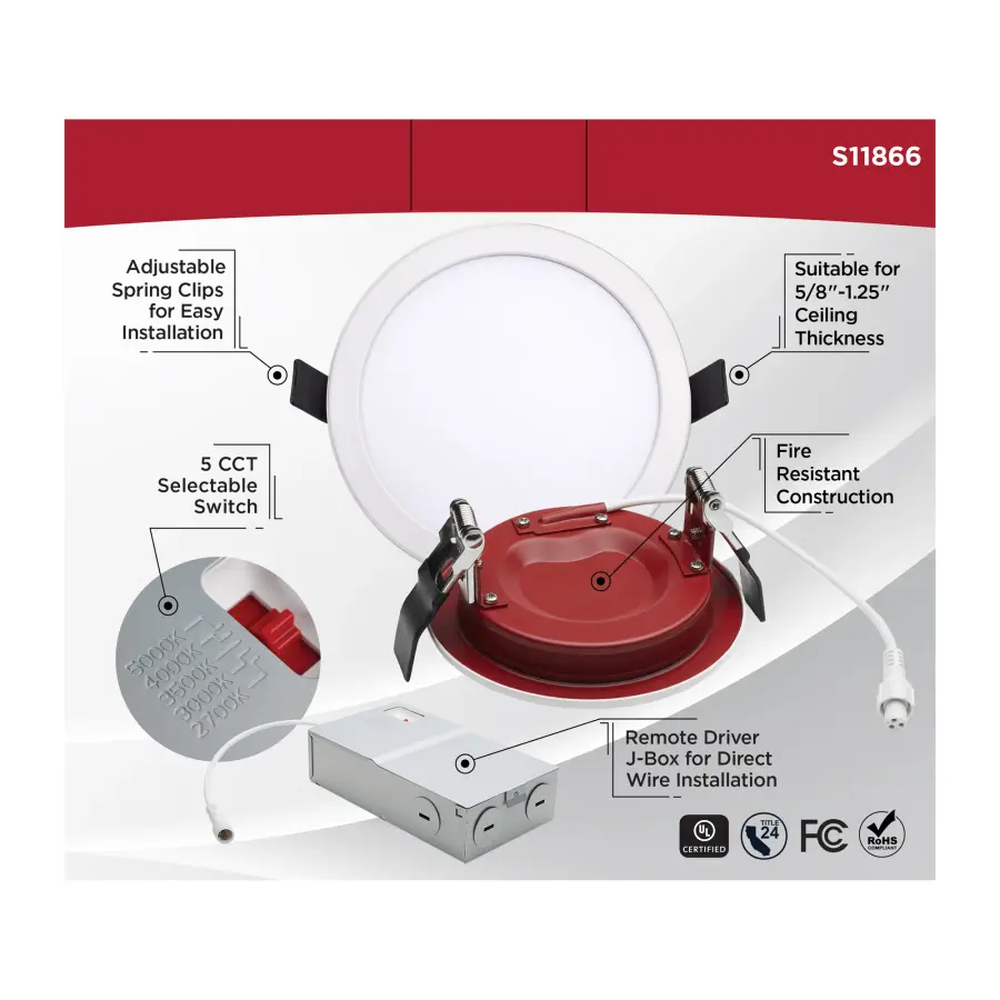 13 Watt LED - Fire Rated 6 Inch Direct Wire Downlight - Round Shape - White Finish - CCT Selectable - 120 Volts - Dimmable - Image 9