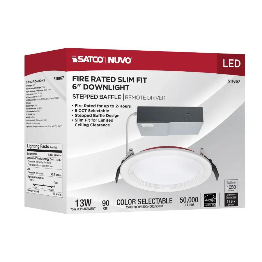 13 Watt LED - Fire Rated 6 Inch Direct Wire Downlight - Round Shape - White Finish - CCT Selectable - 120 Volts - Dimmable - Remote Driver - Image 12