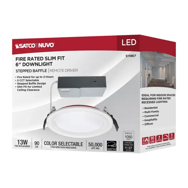 13 Watt LED - Fire Rated 6 Inch Direct Wire Downlight - Round Shape - White Finish - CCT Selectable - 120 Volts - Dimmable - Remote Driver - Image 13