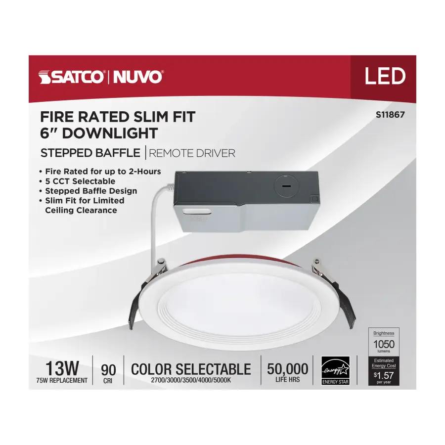13 Watt LED - Fire Rated 6 Inch Direct Wire Downlight - Round Shape - White Finish - CCT Selectable - 120 Volts - Dimmable - Remote Driver - Image 8