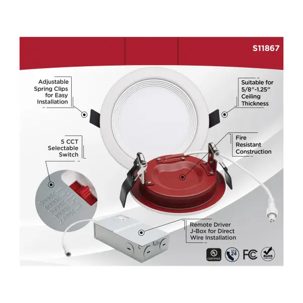 13 Watt LED - Fire Rated 6 Inch Direct Wire Downlight - Round Shape - White Finish - CCT Selectable - 120 Volts - Dimmable - Remote Driver - Image 9