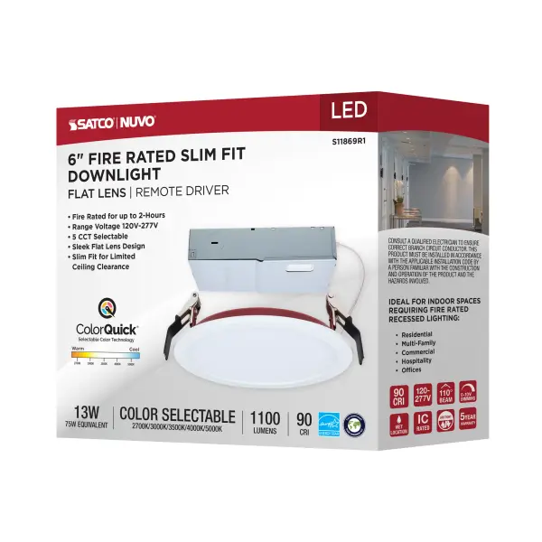 13 Watt LED - Fire Rated 6 Inch - Direct Wire Slim Fit Flat Face Downlight - Round Shape - White Finish - CCT Selectable - 120-277 Volts - 0-10V Dimmable - Image 17