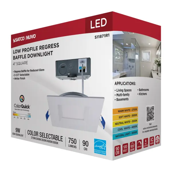 9 Watt LED Direct Wire Downlight - Slimfit - Smooth Baffle - 4 Inch - CCT Selectable - Square - Remote Driver - White Finish - Image 13