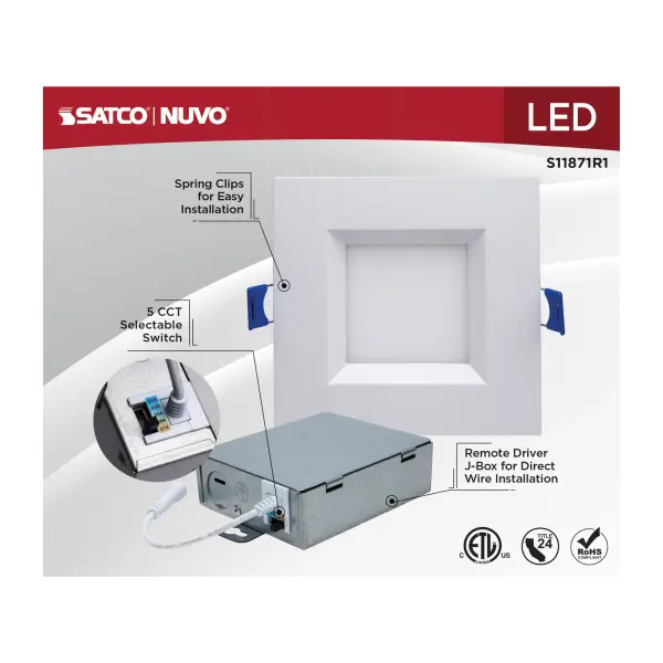 9 Watt LED Direct Wire Downlight - Slimfit - Smooth Baffle - 4 Inch - CCT Selectable - Square - Remote Driver - White Finish - Image 10