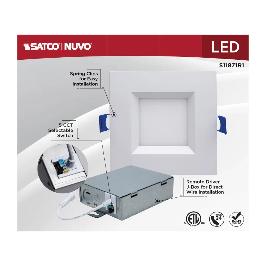 9 Watt LED Direct Wire Downlight - Slimfit - Smooth Baffle - 4 Inch - CCT Selectable - Square - Remote Driver - White Finish - Image 10