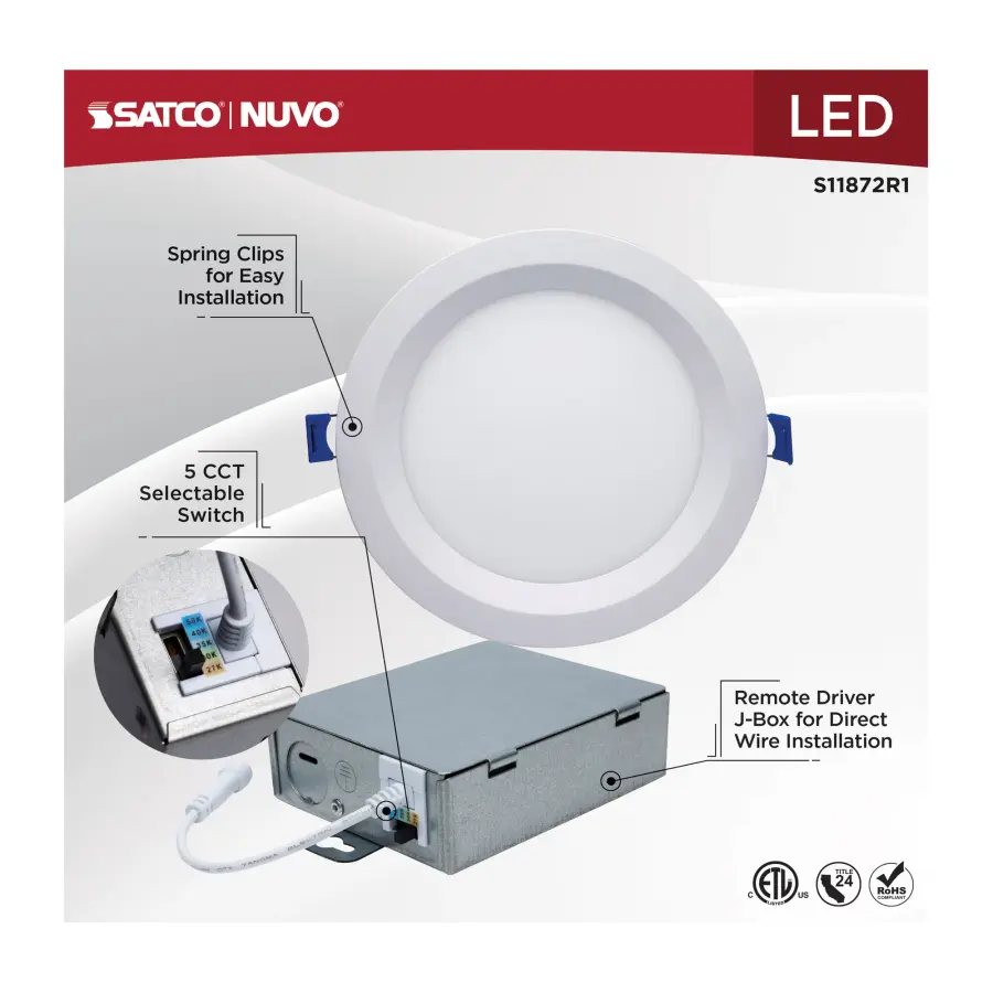 13 Watt LED Direct Wire Downlight - Slimfit - Smooth Baffle - 6 Inch - CCT Selectable - Round - Remote Driver - White Finish - Image 10