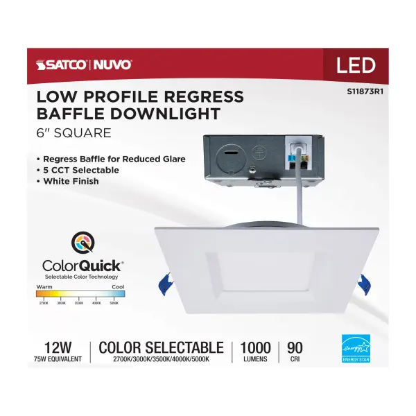 12 Watt LED Direct Wire Downlight - Slimfit - Smooth Baffle - 6 Inch - CCT Selectable - Square - Remote Driver - White Finish - Image 9