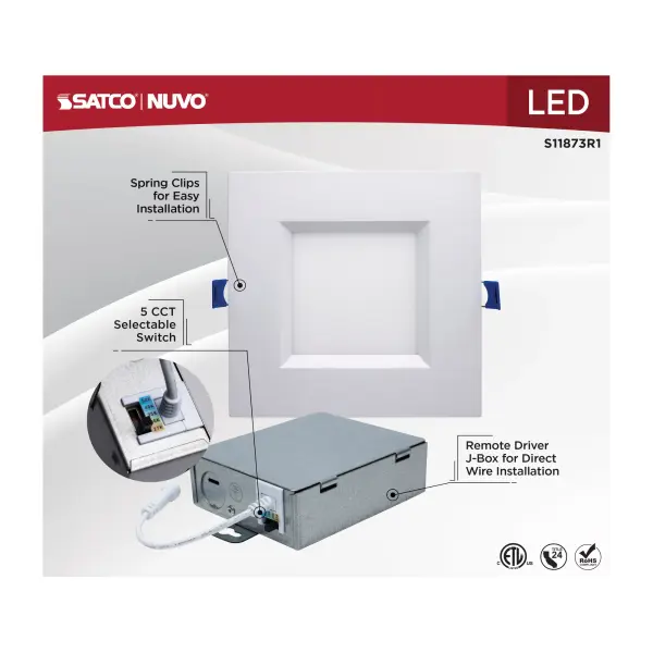 12 Watt LED Direct Wire Downlight - Slimfit - Smooth Baffle - 6 Inch - CCT Selectable - Square - Remote Driver - White Finish - Image 10