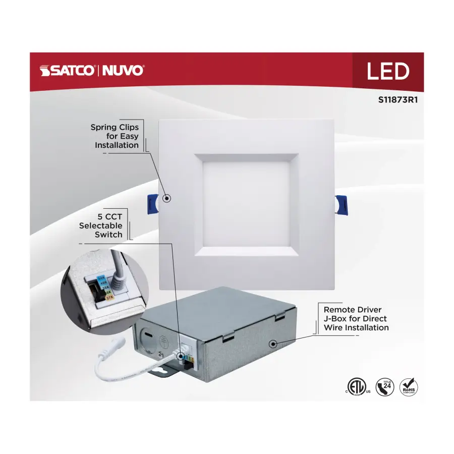 12 Watt LED Direct Wire Downlight - Slimfit - Smooth Baffle - 6 Inch - CCT Selectable - Square - Remote Driver - White Finish - Image 10