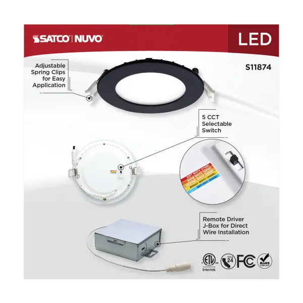 10 Watt - LED Direct Wire Downlight - Edge-lit - 4 inch - CCT Selectable - 120 volt - Dimmable - Round - Remote Driver - Black Finish - Image 8