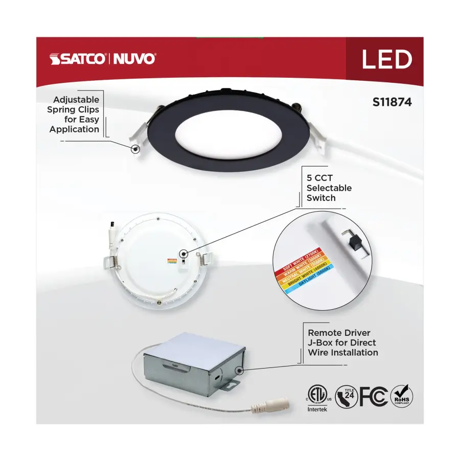 10 Watt - LED Direct Wire Downlight - Edge-lit - 4 inch - CCT Selectable - 120 volt - Dimmable - Round - Remote Driver - Black Finish - Image 8
