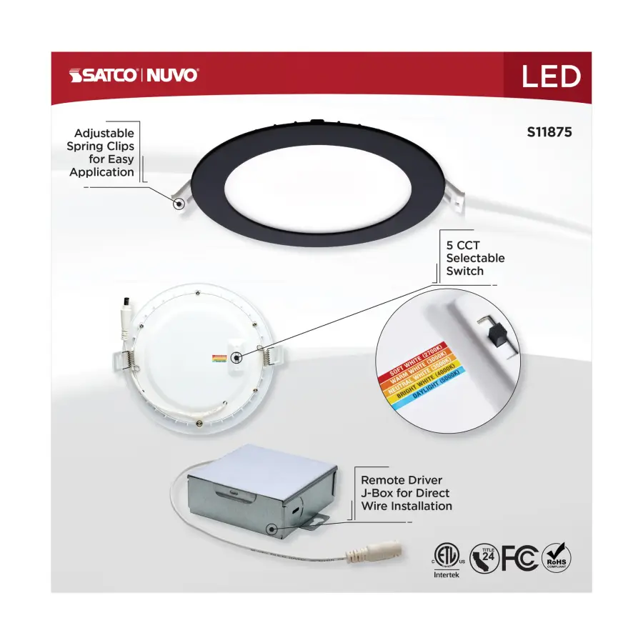 12 Watt - LED Direct Wire Downlight - Edge-lit - 6 inch - CCT Selectable - 120 volt - Dimmable - Round - Remote Driver - Black Finish - Image 8