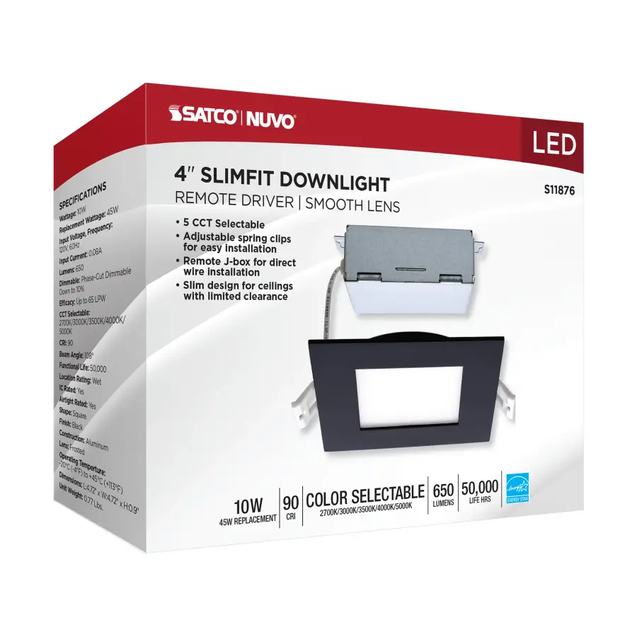10 Watt - LED Direct Wire Downlight - Edge-lit - 4 inch - CCT Selectable - 120 volt - Dimmable - Square - Remote Driver - Black Finish - Image 11