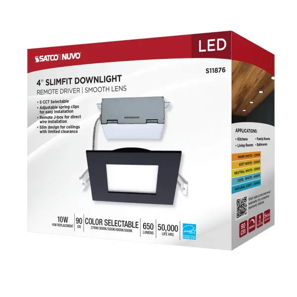 10 Watt - LED Direct Wire Downlight - Edge-lit - 4 inch - CCT Selectable - 120 volt - Dimmable - Square - Remote Driver - Black Finish - Image 12