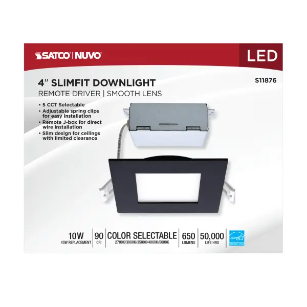 10 Watt - LED Direct Wire Downlight - Edge-lit - 4 inch - CCT Selectable - 120 volt - Dimmable - Square - Remote Driver - Black Finish - Image 7