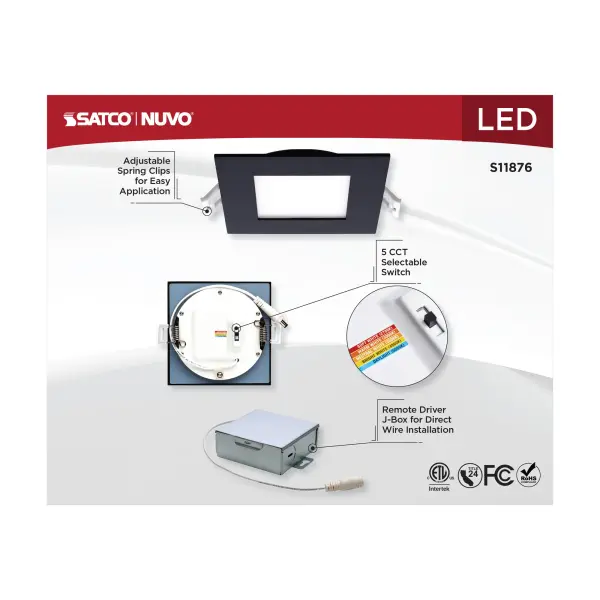 10 Watt - LED Direct Wire Downlight - Edge-lit - 4 inch - CCT Selectable - 120 volt - Dimmable - Square - Remote Driver - Black Finish - Image 8