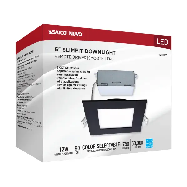 12 Watt - LED Direct Wire Downlight - Edge-lit - 6 inch - CCT Selectable - 120 volt - Dimmable - Square - Remote Driver - Black Finish - Image 11