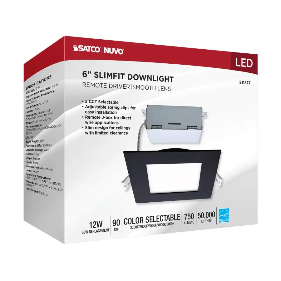 12 Watt - LED Direct Wire Downlight - Edge-lit - 6 inch - CCT Selectable - 120 volt - Dimmable - Square - Remote Driver - Black Finish - Image 11