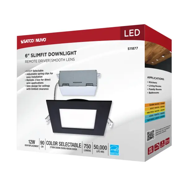 12 Watt - LED Direct Wire Downlight - Edge-lit - 6 inch - CCT Selectable - 120 volt - Dimmable - Square - Remote Driver - Black Finish - Image 12