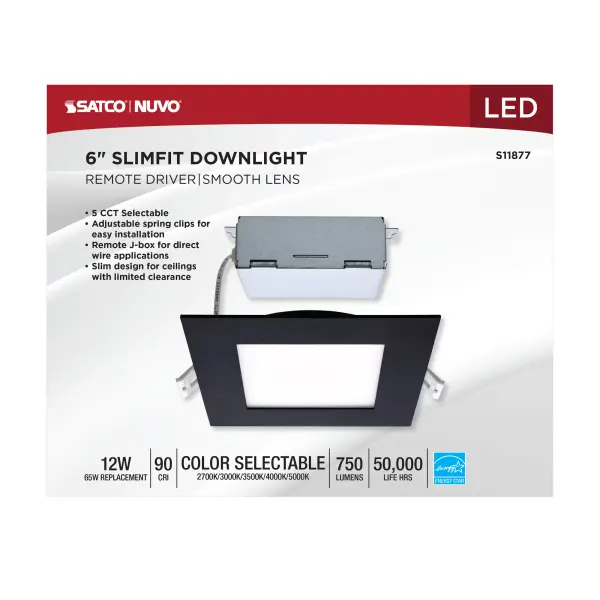 12 Watt - LED Direct Wire Downlight - Edge-lit - 6 inch - CCT Selectable - 120 volt - Dimmable - Square - Remote Driver - Black Finish - Image 7